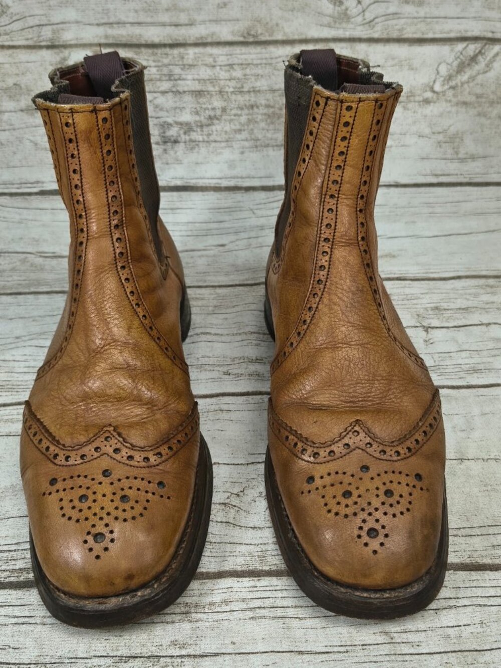 Tan Leather Brogue Chelsea Slip On Ankle Boots - Men’s Size 10